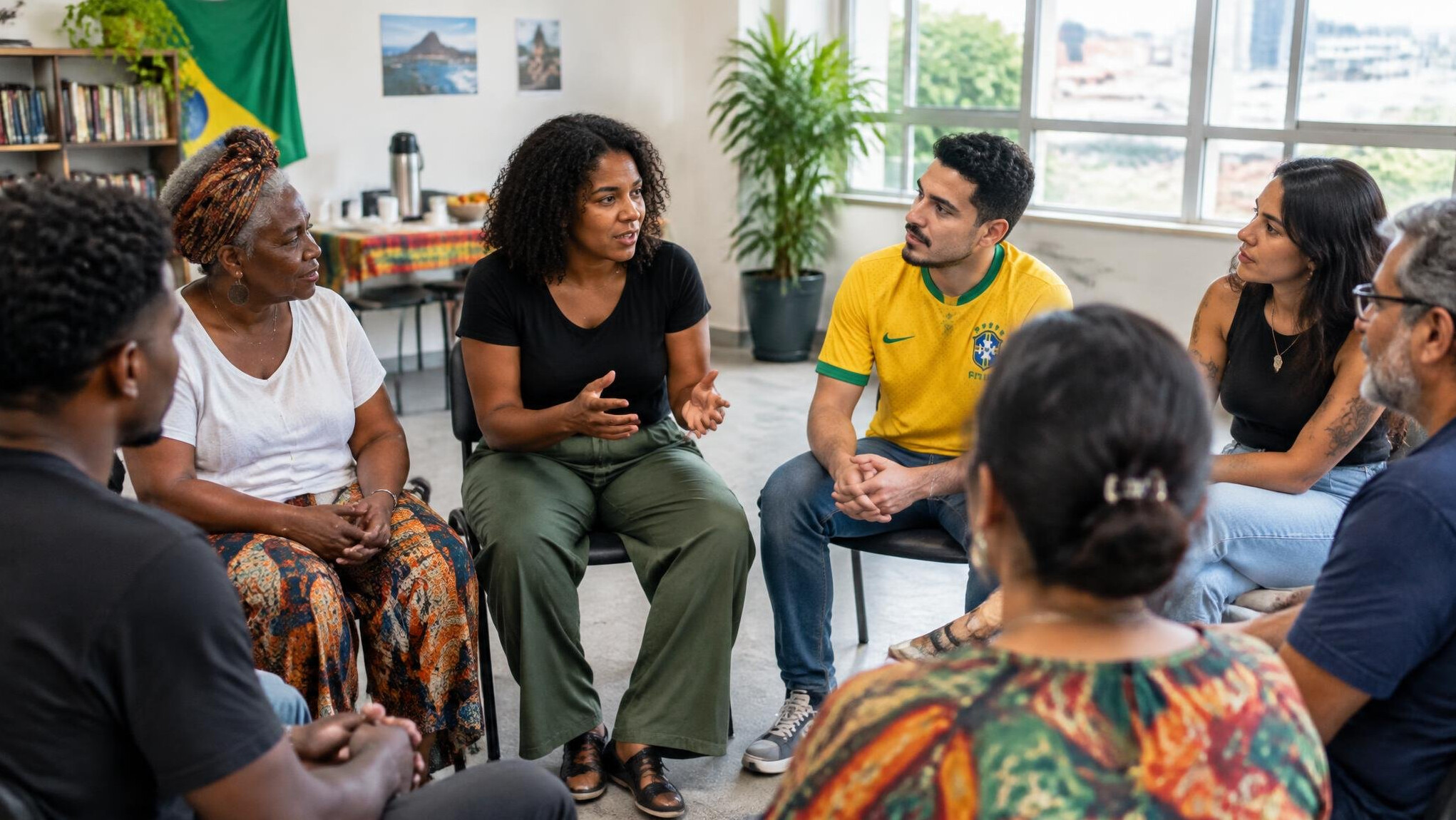 Diverse group of people in a discussion circle indoors